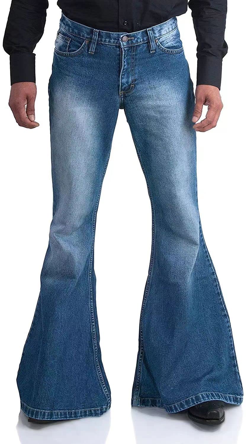 Men's Relaxed Vintage 60s 70s Bell Bottom Stretch Fit Classic Comfort Flared Flares Retro Leg Disco Denim Jeans Pants (Bu, Small)