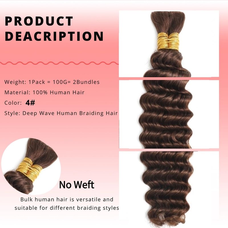 Chocolate Brown Human Braiding Hair - Deep Wave 22 Inch | 100g Curly Extensions for Boho Braids