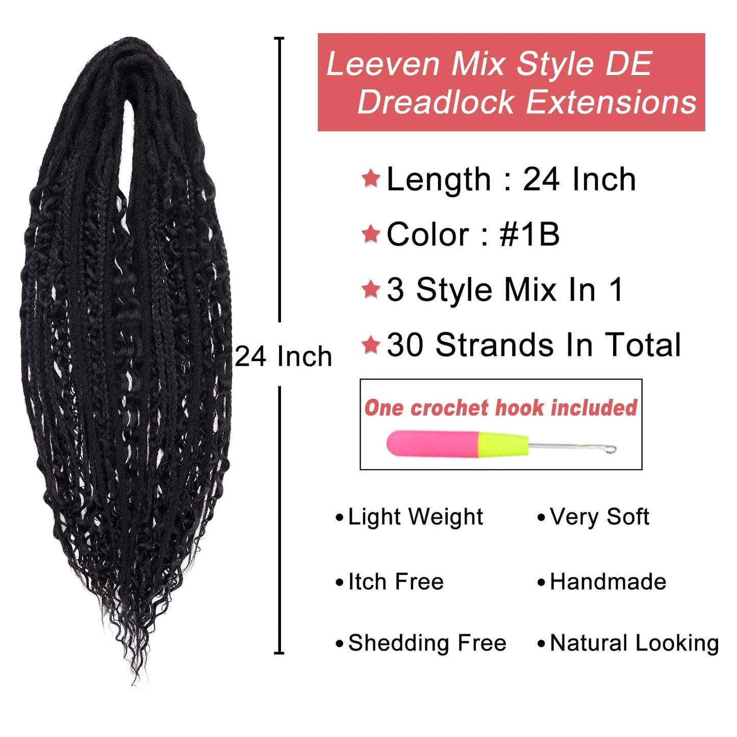 Leeven 30 Strands Double Ended Dreadlock Extensions 24 Inch Black Thin Synthetic Boho Dreads 3 Style Mixed Full Set Wool DE Viking Dread Braid in Soft Wavy Curly Hippie Dreads for Women Men