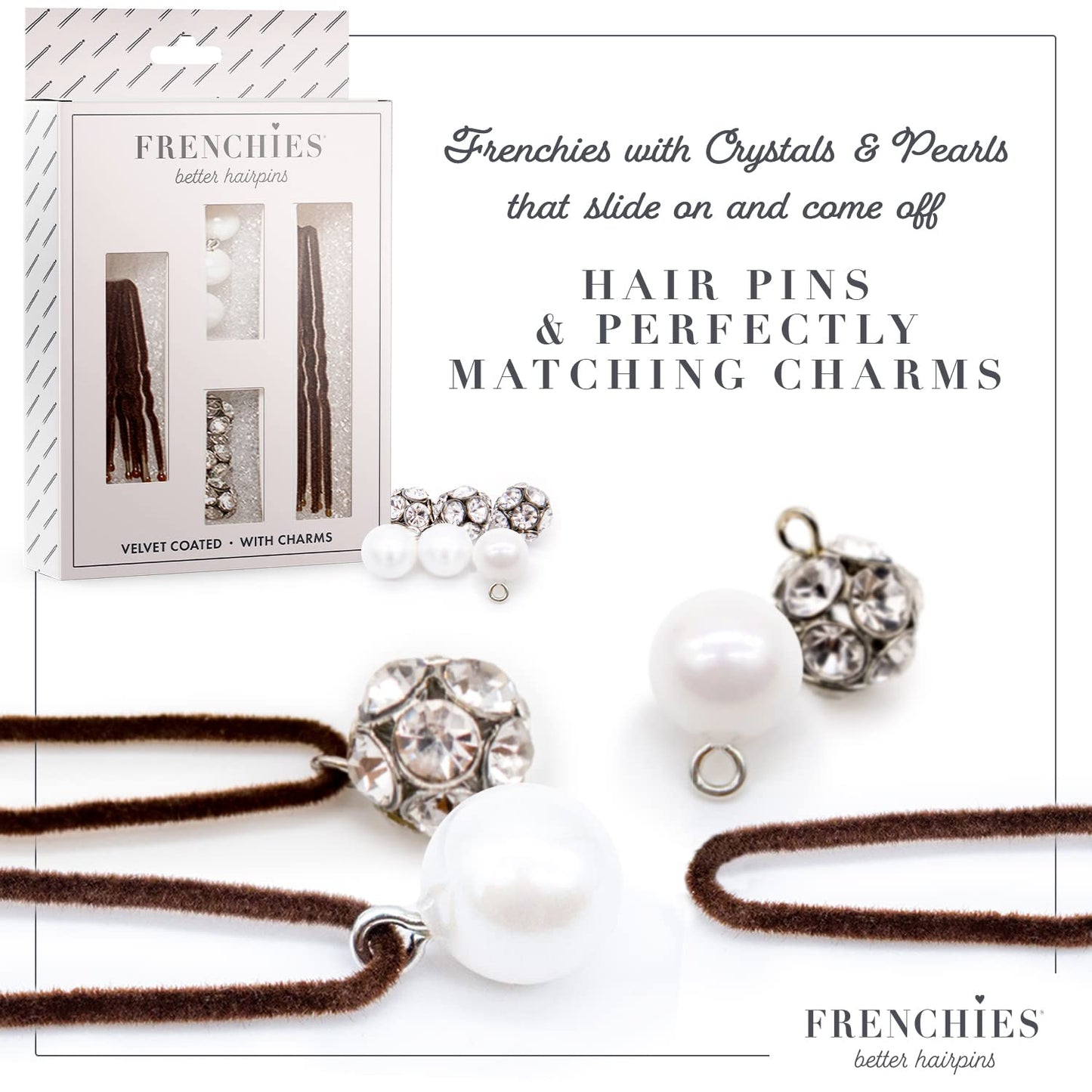 Frenchies French Twist Hair Pin, Velvet Coated Extra Soft French Hair Pins for Women, Wedding, Updo Extensions, or Wig, 6 Pearls + 6 Crystals, 20 Count (10 Lrg, 10 Sm), Brown