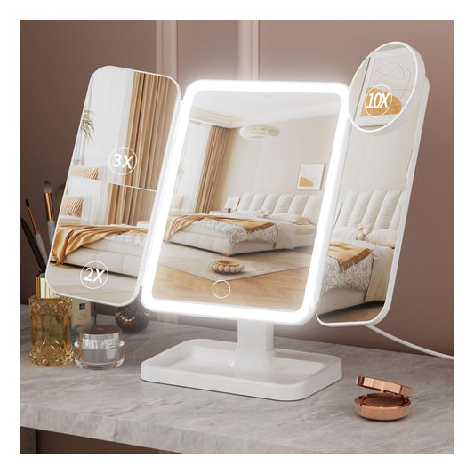Makeup Mirror with Lights, Rechargeable Lighted Vanity Mirror with 70 Led Lights and 2X 3X 10X Magnification, 3 Color& Adjustable Brightness, Portable Mirror for Travel Desk, Gifts for Women Girls