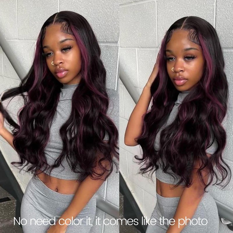 ALHER Black Mix Purple Highlight Bundle Human Hair Body Wave, 12A Soft Thick Single Bundle Wavy Human Hair, 100% Remy Hair Midnight Purple Dark Burgundy Highlight Two Tone Color (#1B/Purple, 16 Inch)