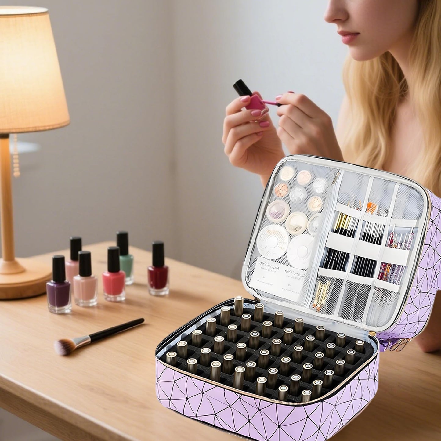 Sonhomay Nail Polish Organizer Bag, 3-Tier Nail Storage Organizer Holds 84 Bottles Nail Polish Nail Lamp Detachable Bottom Layer for Salon & Home Use(Pink)
