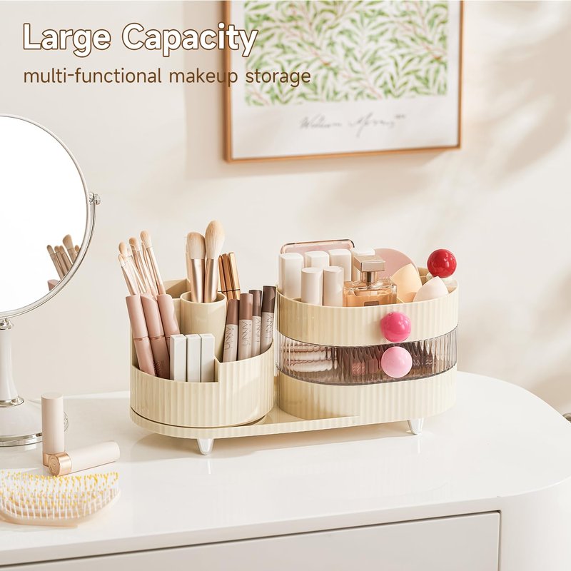 UFORU Makeup Organizer Countertop for Vanity with 360° Rotating Brush Holder, 3 Layer Cosmetic and Jewelry Storage, Makeup Display Case for Skincare&Perfume (Cream White)