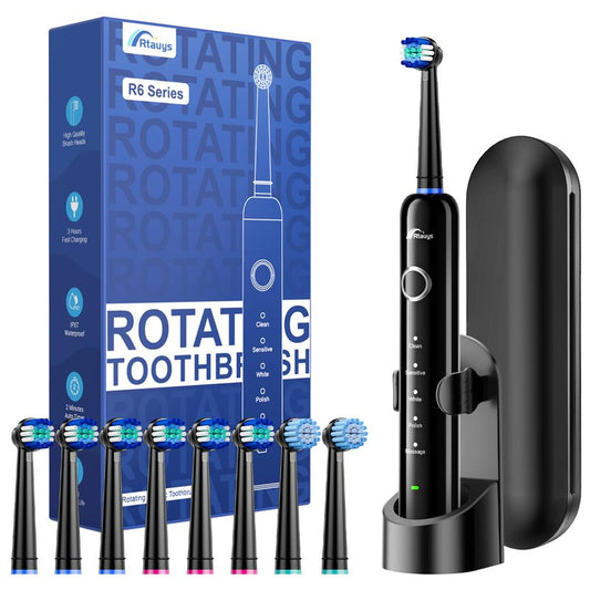 Rtauys Rotating Electric Toothbrush for Adults with 8 Brush Heads (2 Types), 5 Modes Rechargeable Power Toothbrush with Travel Case and 2 Minute Smrte Timer