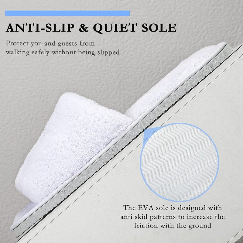 Disposable Velvet Open Toe Spa Slippers - 8 Pairs Non-Slip Travel Footwear | White, Medium
