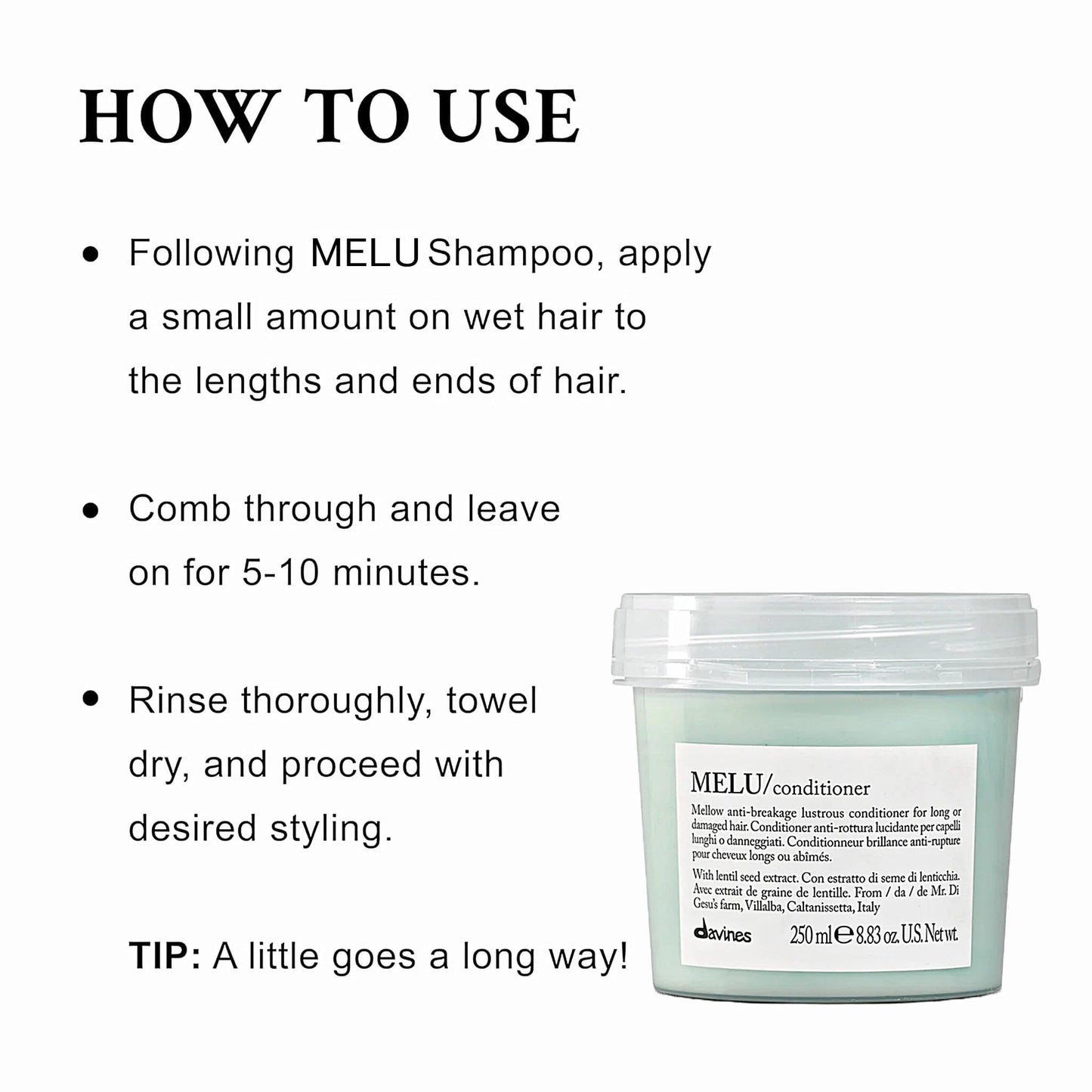 Davines MELU Conditioner, Nourishing Light Anti-Breakage Emollient Formula for Long or Damaged Hair - Smooths and Softens Split Ends Weightless, Fortifies Strands with Lentil Seeds, 8.45 Fl Oz
