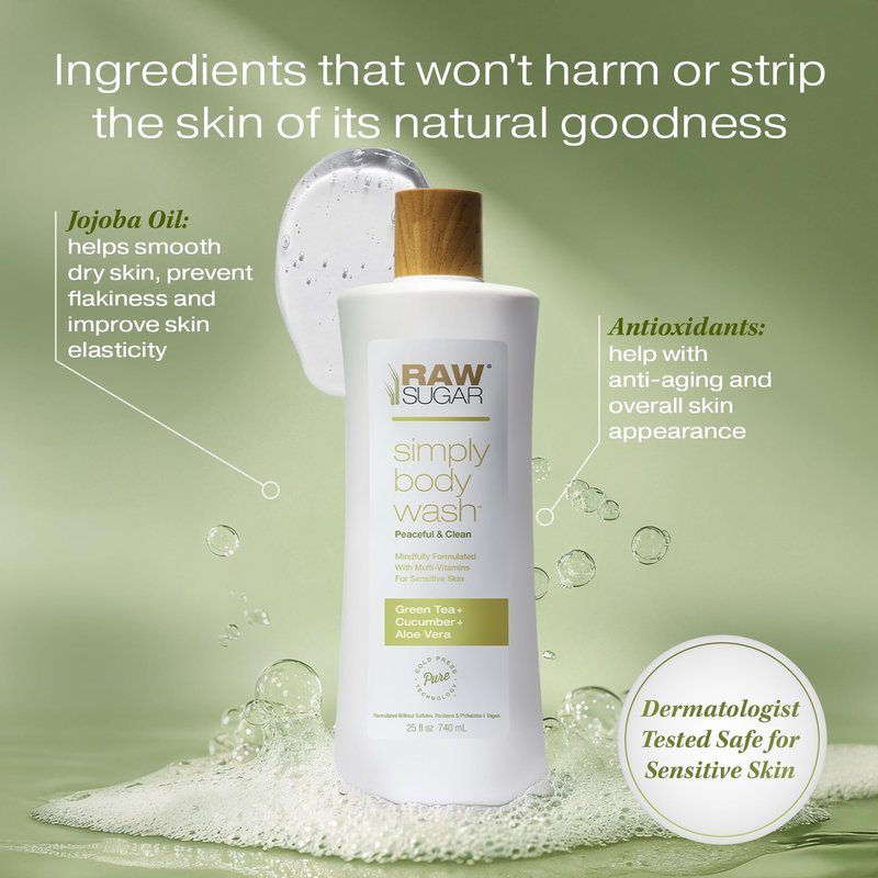 RAW SUGAR Green Tea Aloe Soother Gentle & Hydrating Body Wash, 25 Fl Oz (Pack of 3), Gentle & Soothing Bath & Shower Gel, Sensitive Skin-Friendly, Vegan, Formulated without SLS/SLES & Parabens