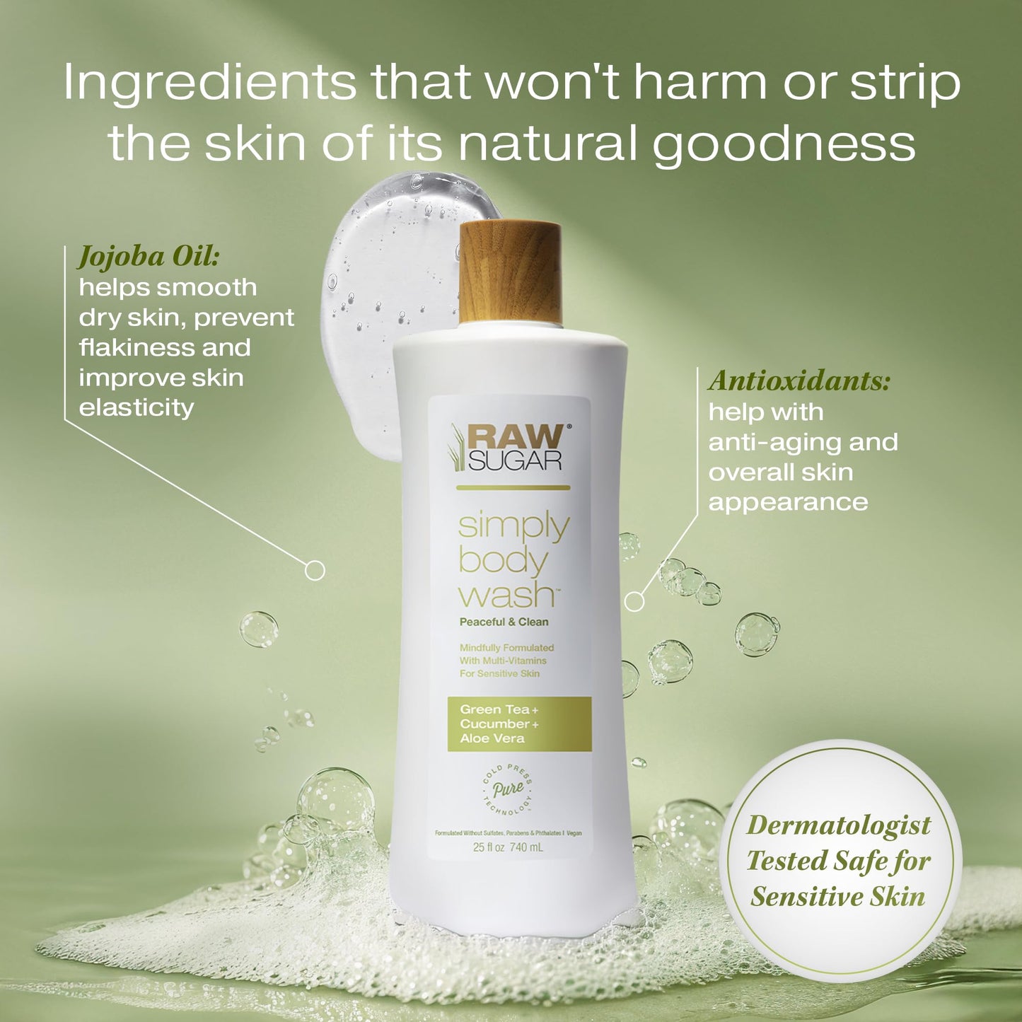 RAW SUGAR Green Tea Aloe Soother Gentle & Hydrating Body Wash, 25 Fl Oz (Pack of 3), Gentle & Soothing Bath & Shower Gel, Sensitive Skin-Friendly, Vegan, Formulated without SLS/SLES & Parabens