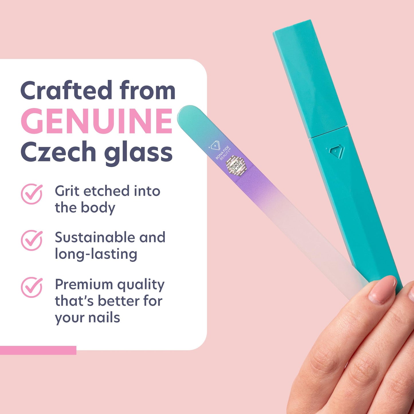 Bona Fide Beauty Czech Glass Nail File with Case, Pastel Green Violet Crystal File for Natural Nails. Nail Care Tool Gifts for Women