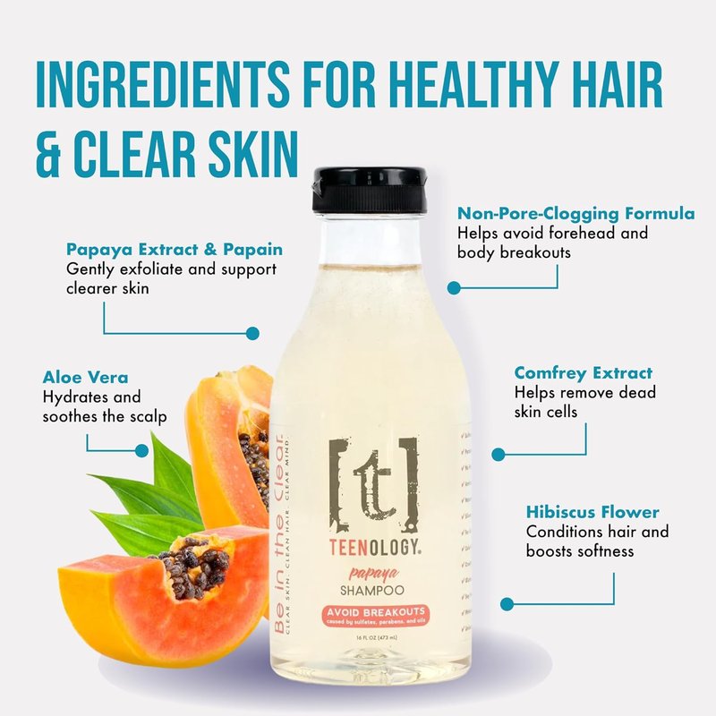 Teenology Teen Shampoo - Non-Comedogenic Formula for Clear Skin & Healthy Hair | 16 oz - Papaya