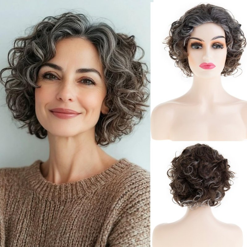 Short Brown Curly Wig for Women - Synthetic Mixed Grey Big Curly Bob | Cosplay Hair with Wig Cap