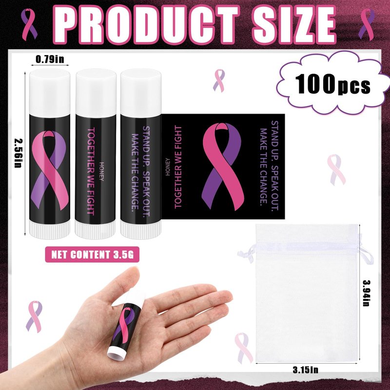 Fumete 100 Pcs Domestic Violence Awareness Items Lip Balm Bulk Pink Ribbon and Purple Ribbon Breast Cancer Awareness Moisturizer and Nourishing Lip Balm Gifts for Women Party Supplies, 4 Scents
