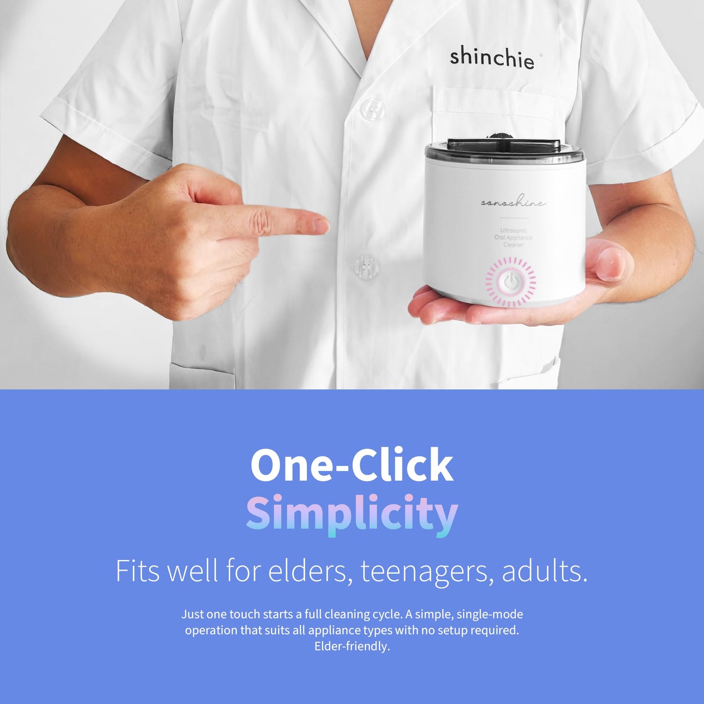 Shinchie Ultrasonic Retainer Cleaner – Auto-Adjust 39-48kHz Sonic Retainer Cleaner Machine for Aligner, NightGuard, Mouth Guard, Denture & More | Easy & Quiet