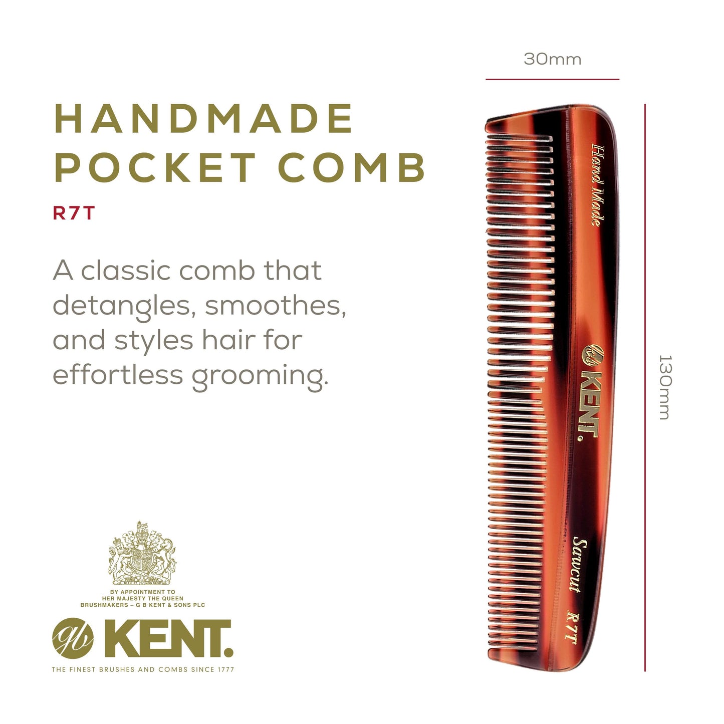 Kent R7T Double Tooth Hair Pocket Comb, Small Coarse/Wide Comb for Hair, Beard, and Mustache Grooming for Men, Women, and Kids - Saw Cut, Hand Polished, Handmade in England