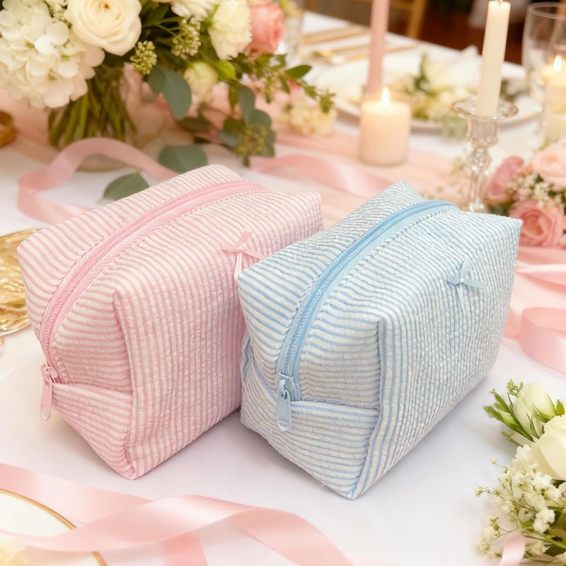 10 Pcs Cotton Quilted Makeup Bags Bulk-Valentines Day Gifts Bow Stripe Cosmetic Bags Coquette Aesthetic Makeup Pouch with Zipper Travel Portable Bag Preppy Gifts for Women (Blue)