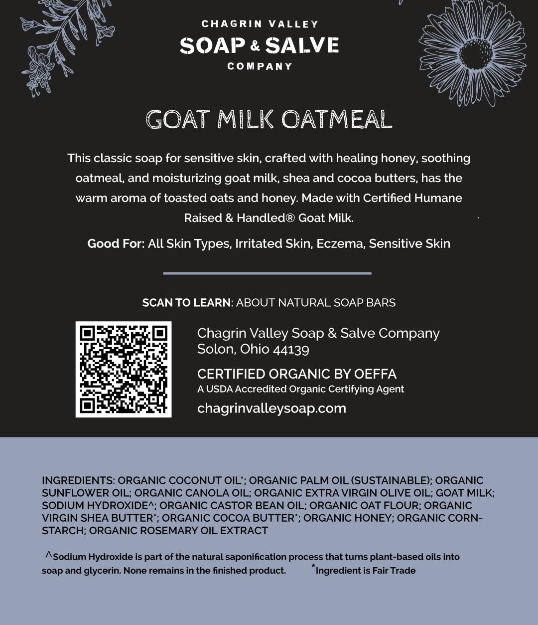 Chagrin Valley Soap & Salve Oatmeal, Honey and Fresh Goat Milk Soap Bar - For Dry Skin and Itchy Skin Relief - Organic, Cleansing Milk and Honey Unscented Bar Soap For Women and Men, Large 5.6 oz 3PK