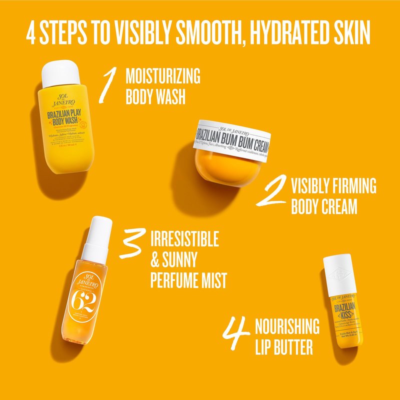 Sol de Janeiro Gift Set - Smooth & Glow Body Routine | Travel Size Bum Bum Minis including Bum Bum Cream, Brazilian Play Body Wash, Cheirosa 62 Mist, and Brazilian Kiss Lip Balm