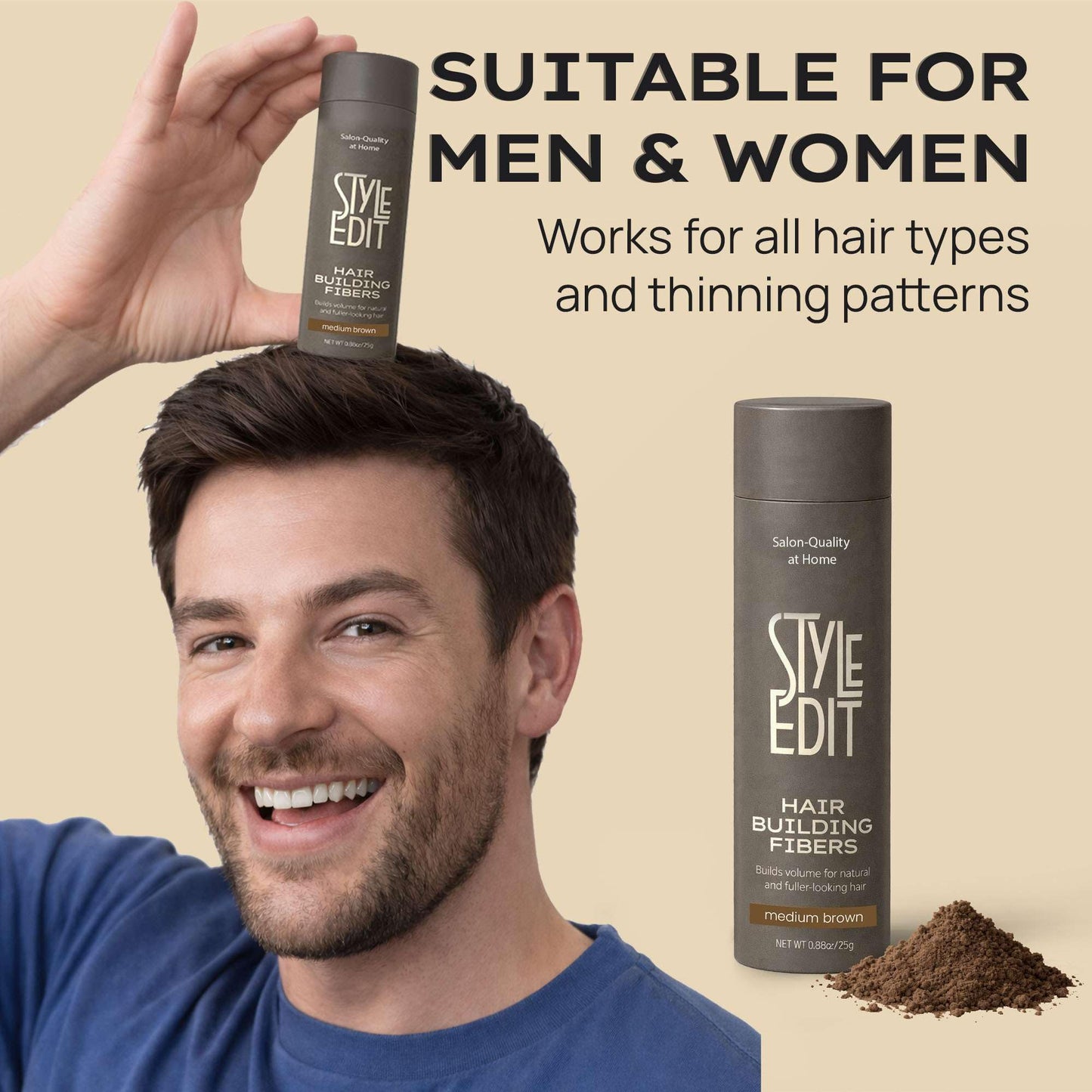 Style Edit Hair Building Fibers for Thinning Hair | Conceals Receding Hairlines, Fine Hair & Bald Spots for Fuller looking hair, 100% Plant-Based Thickening Powder for Men & Women, Medium Brown 0.88oz