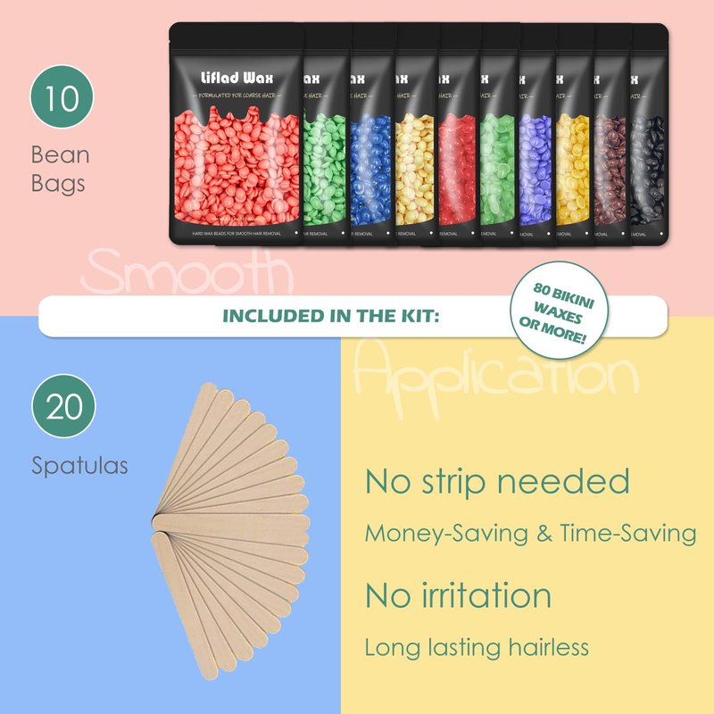 Hard Wax Beads for Coarse Hair Removal - 2.2 lb, 10 Pack Depilatory Wax Beans with Spatulas for Face, Eyebrow, Back, Chest, Bikini Areas, Legs - Refills for Any Wax Warmer