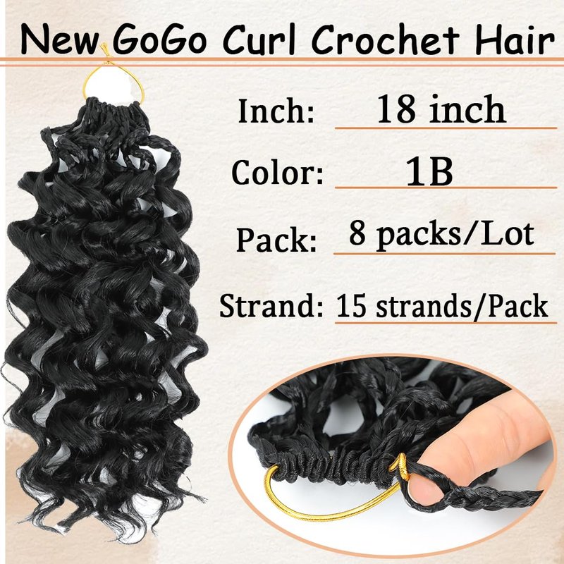 Pre looped Gogo Curl Crochet Hair 18 Inch 8 Packs Pre twisted Short Curly Crochet Hair for Black Women Ocean Wave Braiding Hair Water Wave Deep Braiding Hair (18 inch 1B)