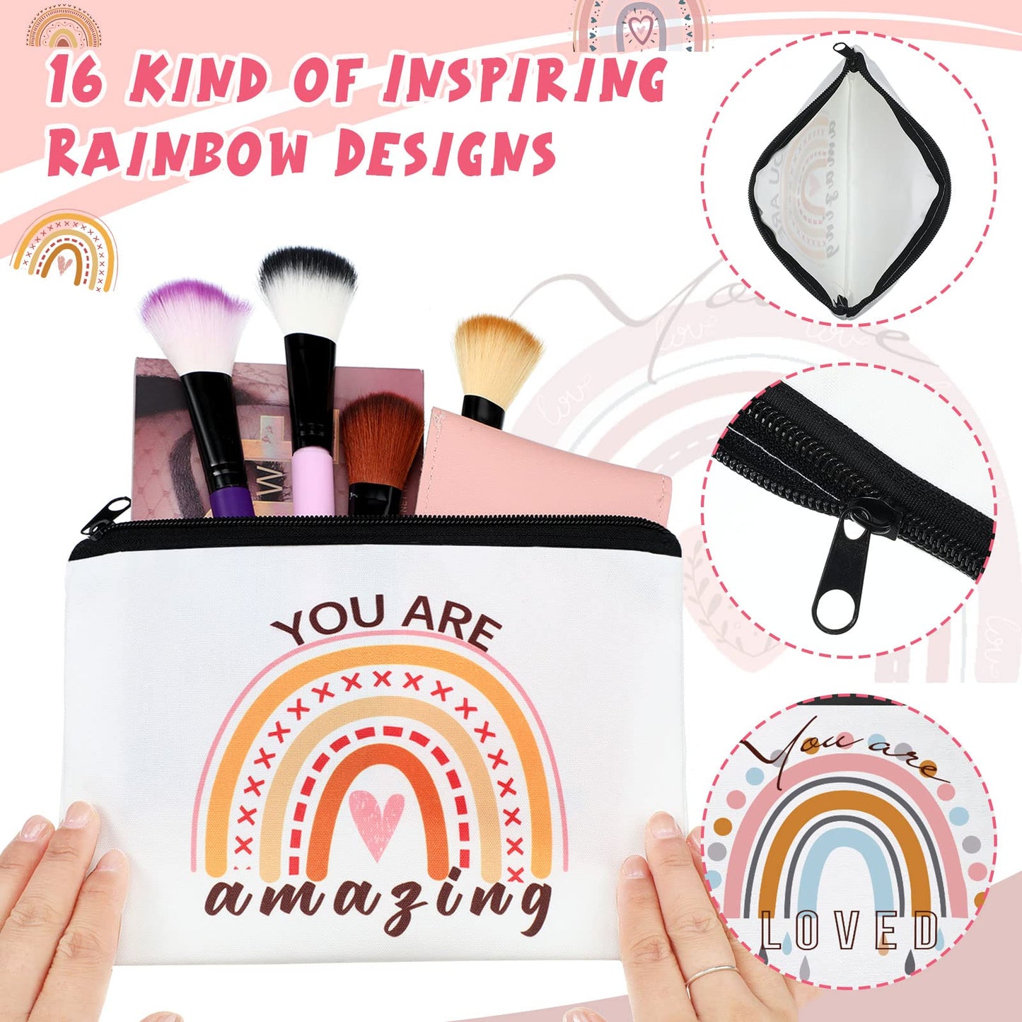 Hillban 32 Pcs Back to School Canvas Cosmetic Makeup Bag Bulk for Women Inspirational Gifts for Teacher Pencil Pouch Travel Toiletry Makeup Bag with Keychain for Mom Appreciation Gift(Rainbow)