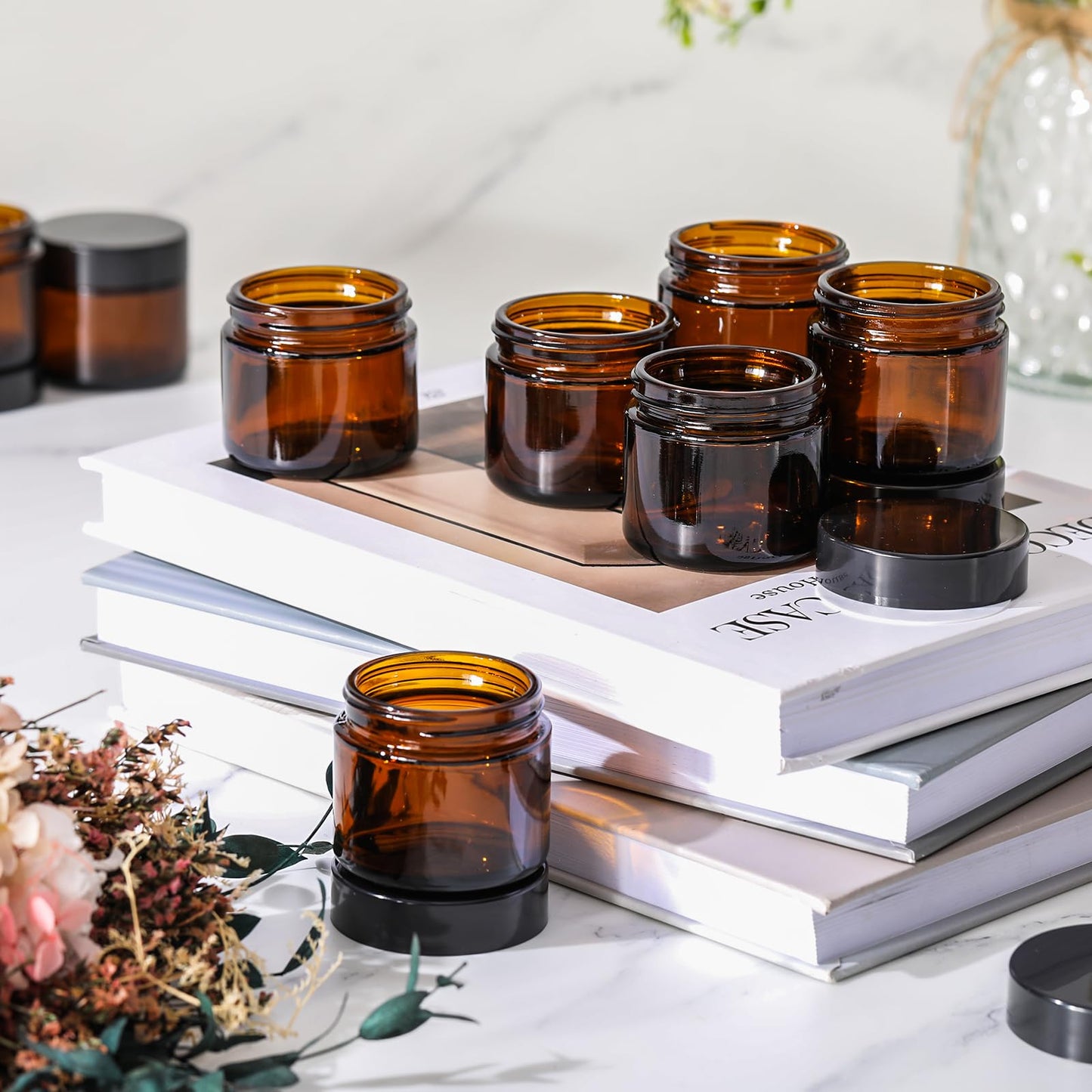 Domensi 32 Pcs 2 oz Glass Jars with Lids Small Glass Jars with Lids Round Leakproof Airtight Empty Cosmetic Travel Containers with Inner Liners Lid for Makeup Lotions Cream Ointments (Amber)