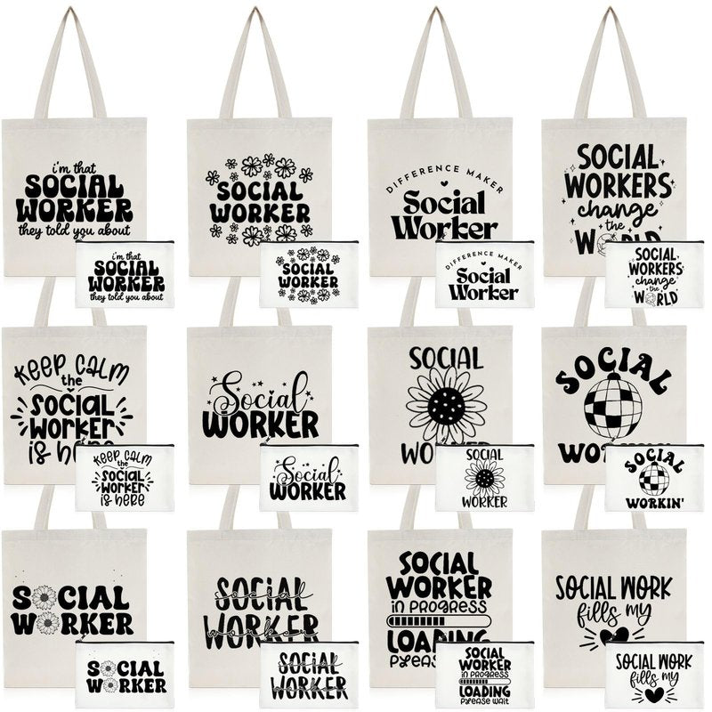 Paterr 24 Pcs Social Worker Appreciation Gifts for Women Social Worker Bags with Handle Reusable Canvas Makeup Bags(Stylish)