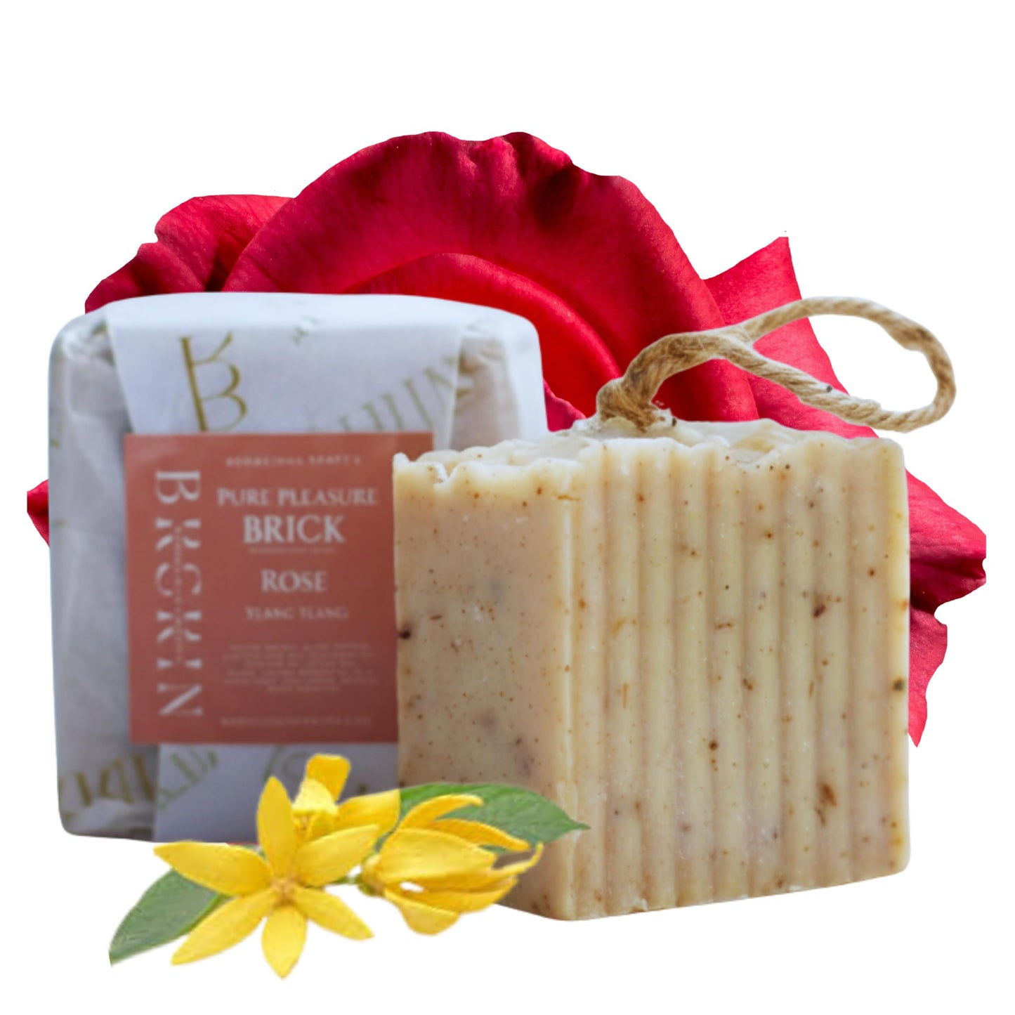 BKSKIN All Natural 3-inch thick Pure Pleasure Brick- Soap- On a rope-Unscented-Rose Infused-Gentle Cleanse- Hydration restoration