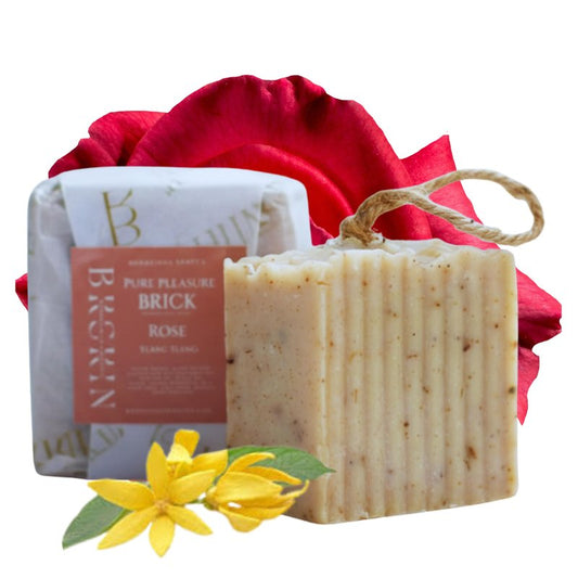BKSKIN All Natural 3-inch thick Pure Pleasure Brick- Soap- On a rope-Unscented-Rose Infused-Gentle Cleanse- Hydration restoration