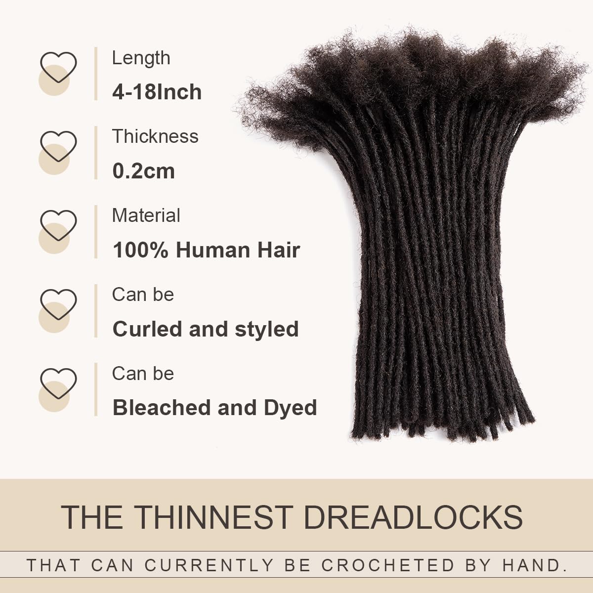 DAIXI 0.2cm & 0.4cm & 0.6cm & 0.8cm Thickness 8 Inch 20 Strands 100% Real Human Hair Dreadlock Extensions for Man/Women Permanent Loc Extensions Bundles Can Be Dyed Bleached Curled and Twisted