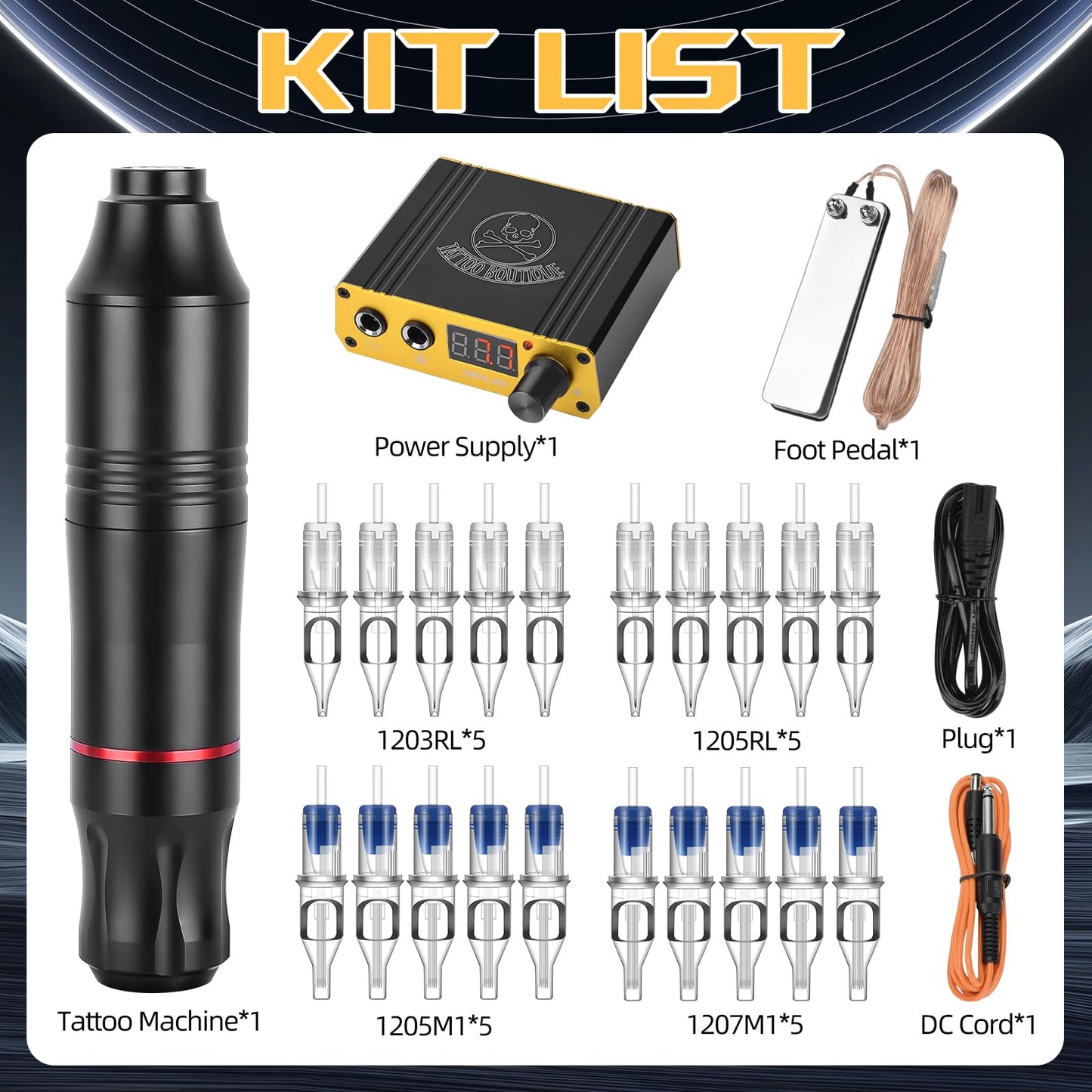 ATOMUS Cartridge Tattoo Machine Kit Pen Rotary Tattoo Machine with Power Supply 20pcs Mixed Cartridge Needles Foot Pedal DC Clip Cord