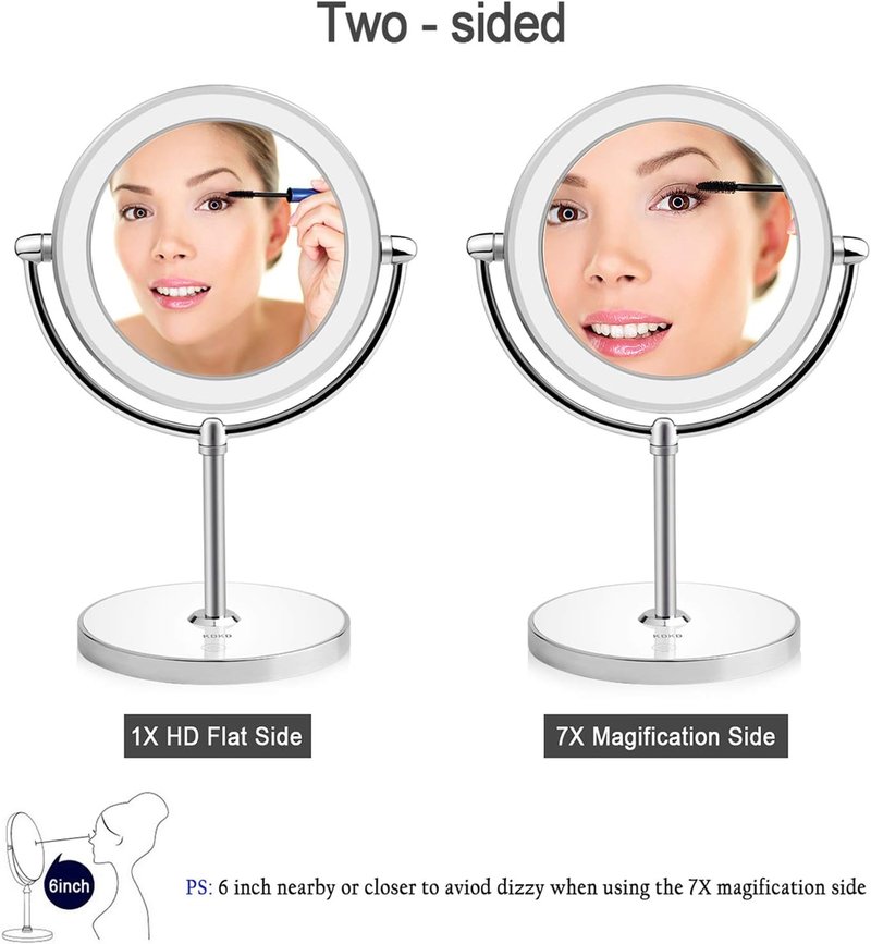 Lighted Makeup Mirror - 1X & 7X Magnification, Double-Sided, Cordless & Rechargeable | Round Shape with Touch Button