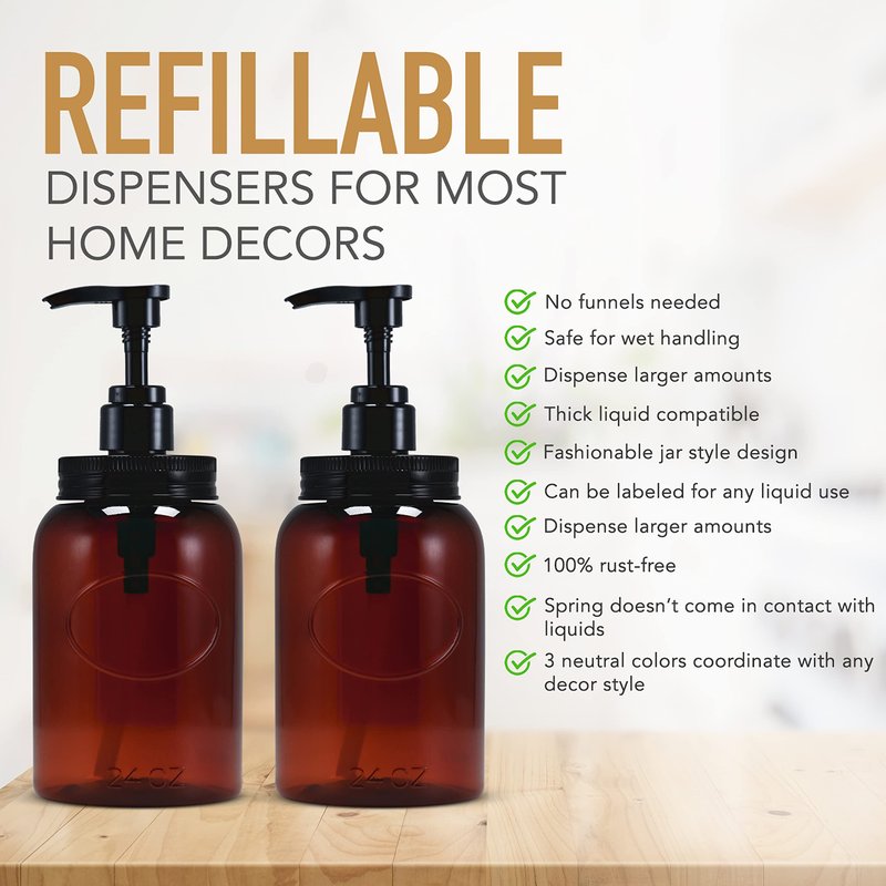 Bottiful Home-24 oz Plastic Refillable Wide-Mouth Jar Style Pump Bottle Dispenser Set of 4 for Thick Liquids (Amber)
