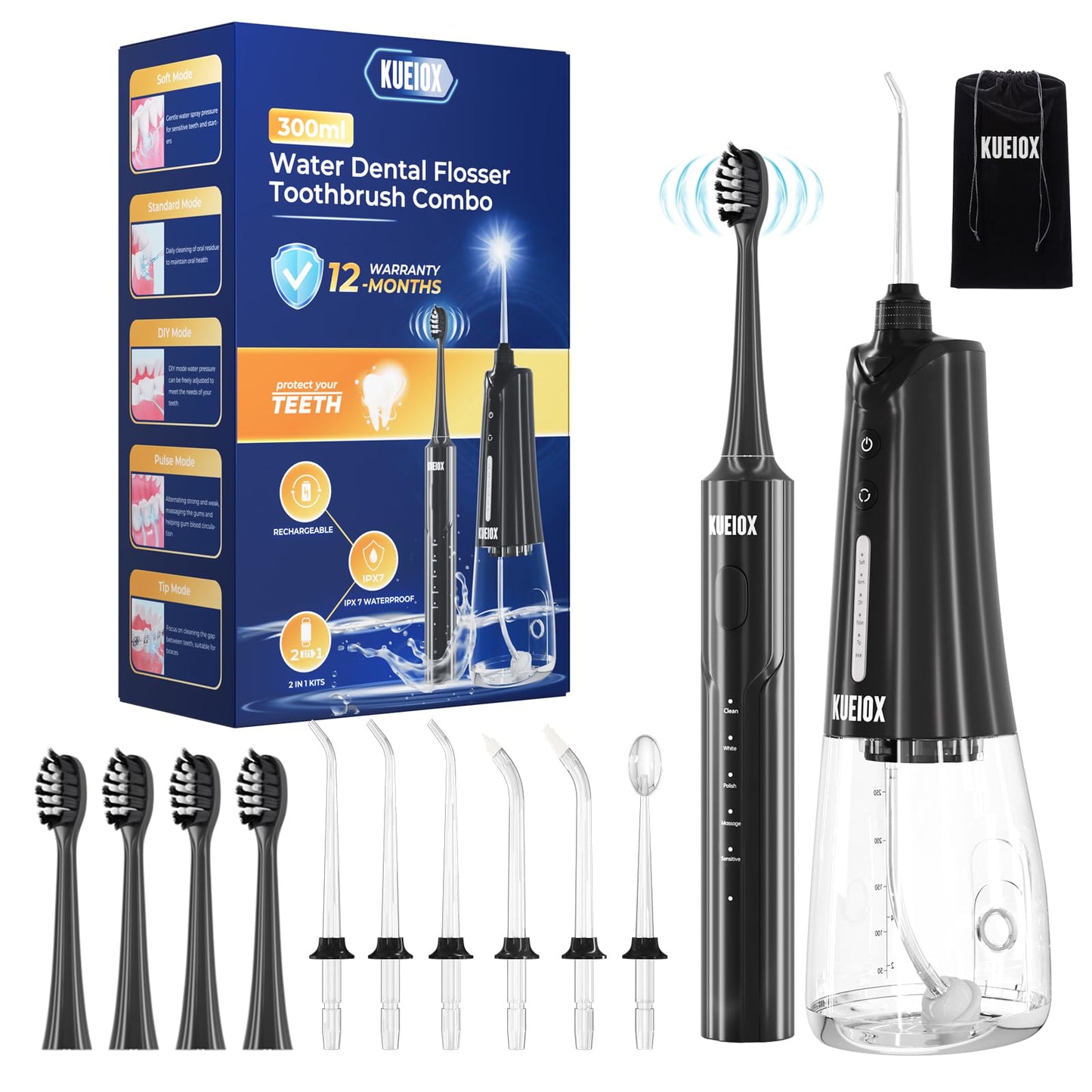 KUEIOX Electric Toothbrush with Water Cordless Flosser, 320ML Portable Travel Water Dental Flosser for Teeth with 5 Modes & 6 Jet Tips & IPX7 Waterproof for Teeth Cleaning and flossing (Black)