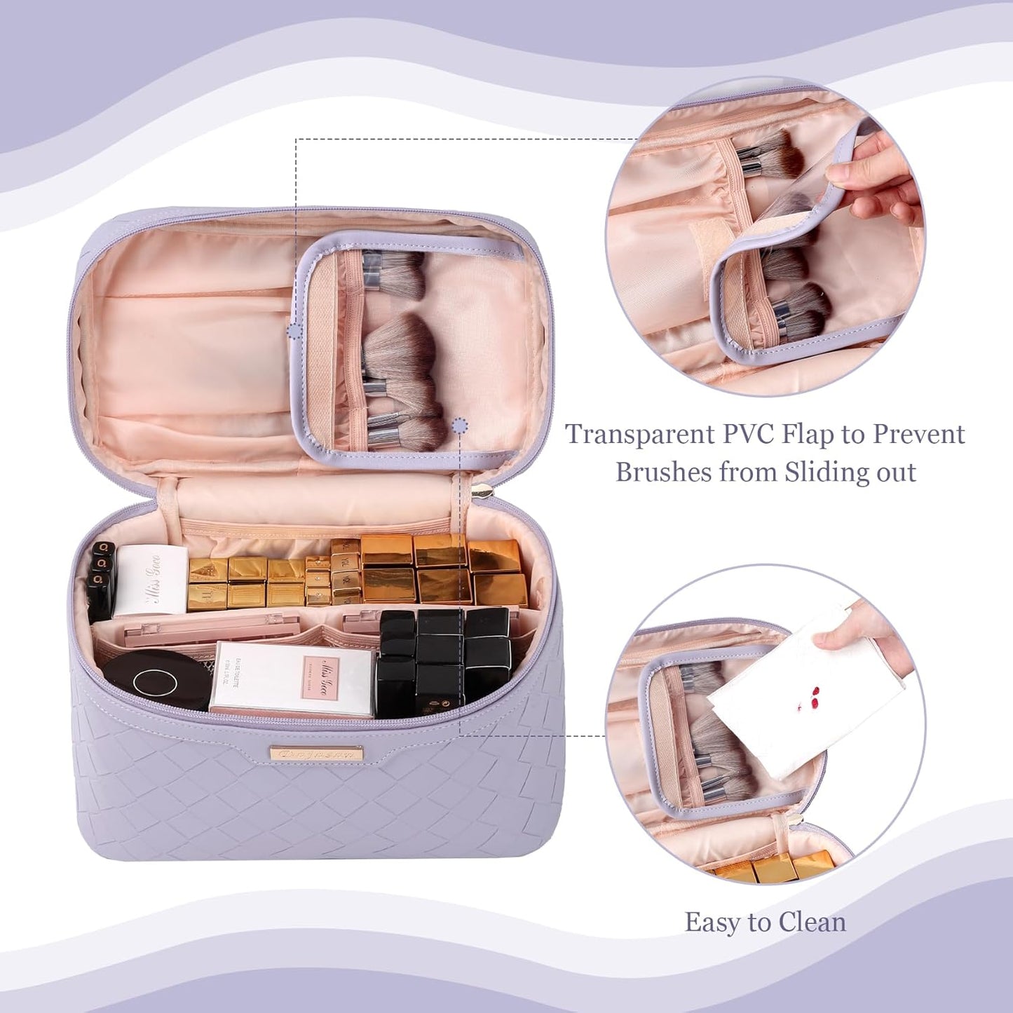 Makeup Bag - Large Capacity Travel Cosmetic Organizer | Waterproof PU Leather - 11.81 x 6.7 x 7.09 Inch (Purple)