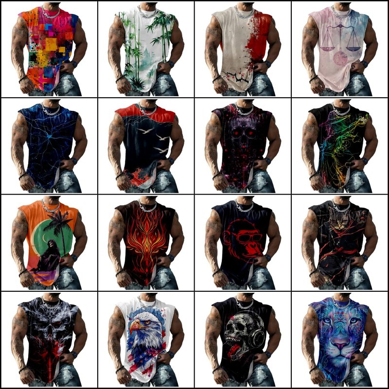 Graphic Tees for Men Novelty Workout Shirts Soft Collarless Loose Athletic Tees Big Breathable Skull Black,2XL