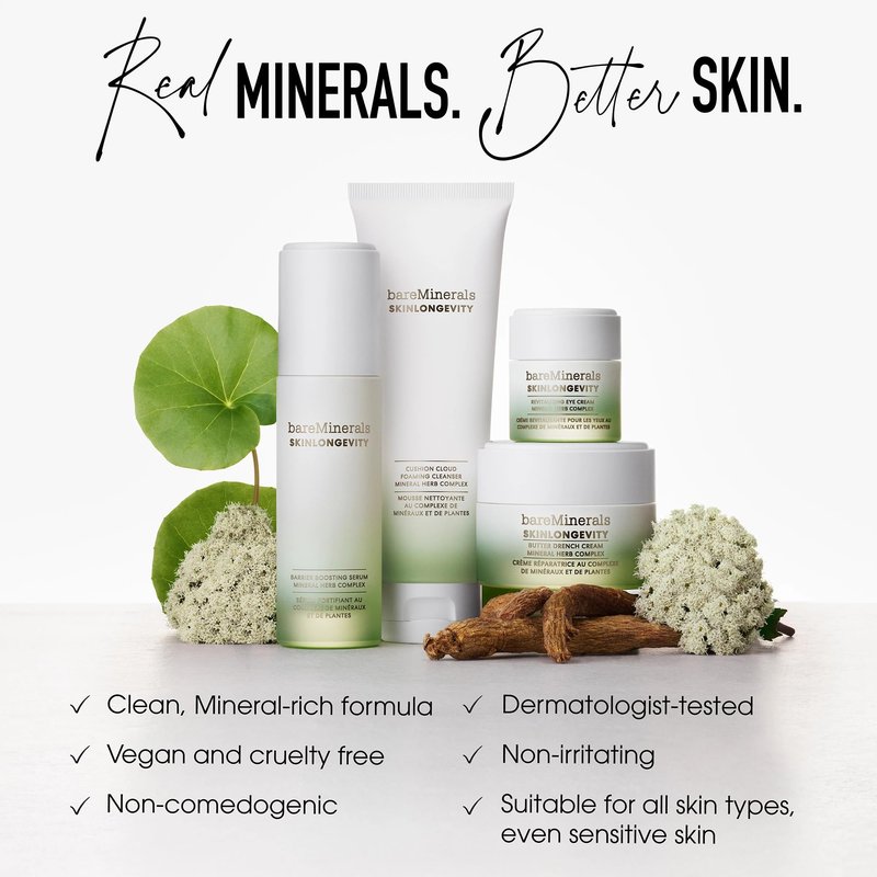 bareMinerals Skinlongevity Face Cleanser, Cream-to-Foam Cleanser with Mineral Herb Complex, Removes Makeup & Sunscreen, Gentle for All Skin Types, Vegan, Cruelty-Free & Dermatologist-Tested