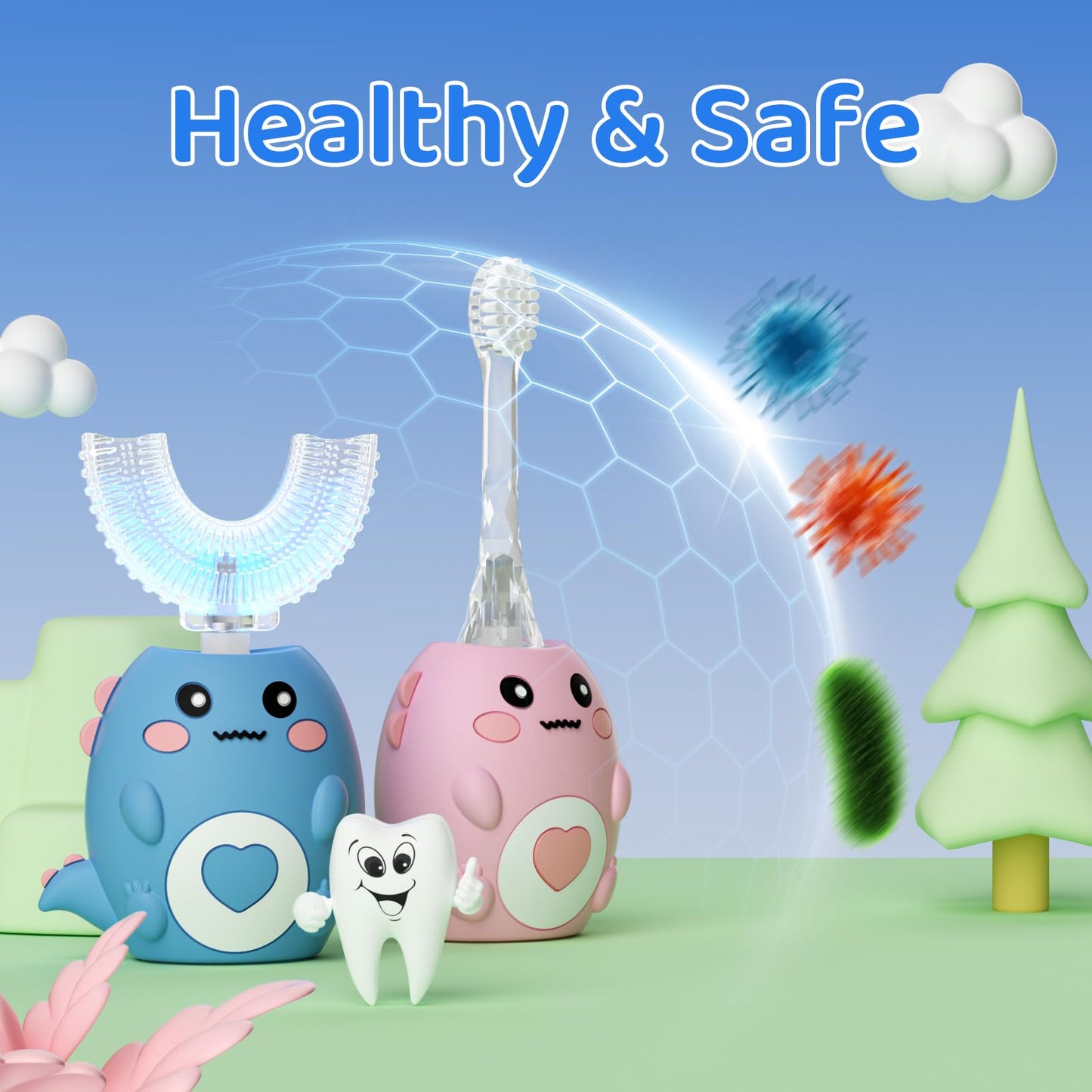Lwalaneng Kids U Shaped Electric Toothbrush, with 3 Cleaning Modes, with 4 Brush Heads, 360° Sonic Automatic Toothbrush, IPX7 Waterproof Cartoon Dinosaur Design (Ages 2-12)