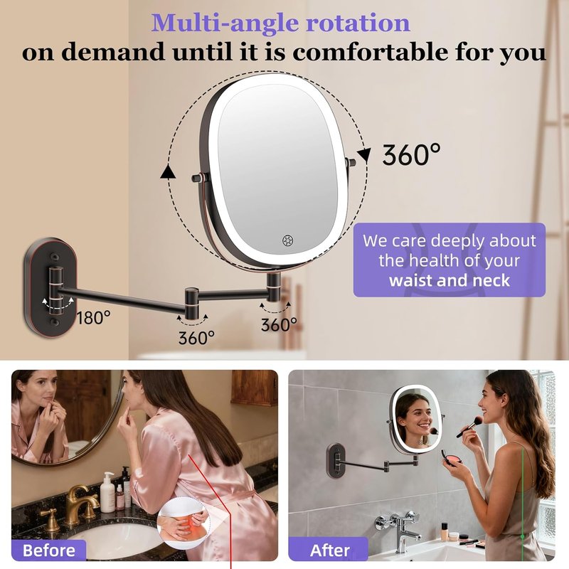 Funtoouch 30X/1X Wall Mounted Makeup Mirror - Rechargeable Double-Sided, 3 Color Modes, 360° Rotation | Antique Bronze