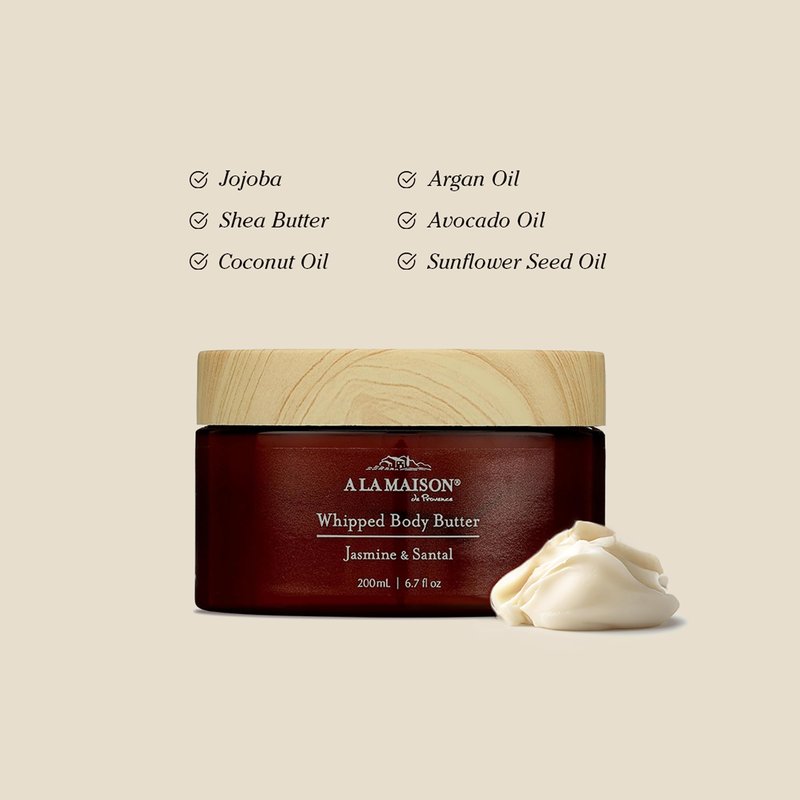 A LA MAISON Whipped Body Butter – Jasmine & Santal – Shea Butter Moisturizer with Argan, Avocado & Jojoba Oils – Ultra-Rich Body Cream for Dry Skin – 6.7 oz – Amber Collection