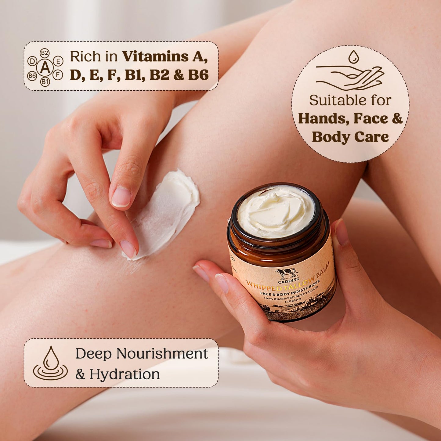 CADDISE Whipped Beef Tallow for Skin-100% Grass-FedHandmade Cream Moisturizer for Face & Body, Natural witHoney, Shea Butter, Jojoba Oil, Non-Greasy, Nourishing fo!Men, Women, Kids, 4 Oz(2 Pack)