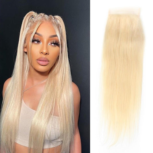 LANWIUKU 613 Closure 4x4 Lace Closure Straight Human Hair 613 Blonde Closure Pre Plucked With Baby Hair Brazilian Virgin Blonde Human Hair HD Lace Closure (16 Inch)