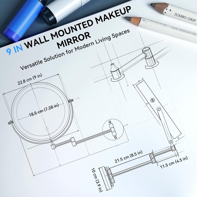 5000mAh Rechargeable Wall Mounted Lighted Makeup Mirror, 9'' 30X/1X Double-Sided Magnifying Mirror with Light, Bathroom Mirror Touch Dimmable 3 Colors 360° Rotation Extended Arm, Power Adapter