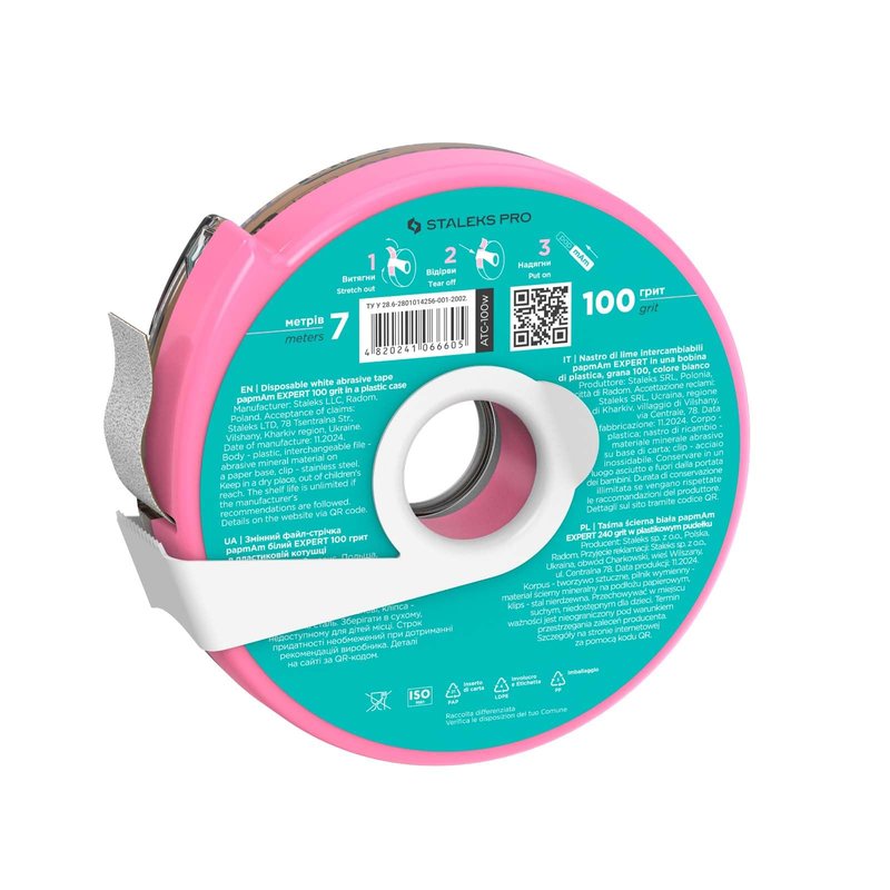 STALEKS PRO Disposable White Abrasive Tape papmAm Expert – 100 Grit – 7m Roll in Plastic Case – Glueless Replaceable Abrasive – Professional Nail Shaping – Manicure & Pedicure