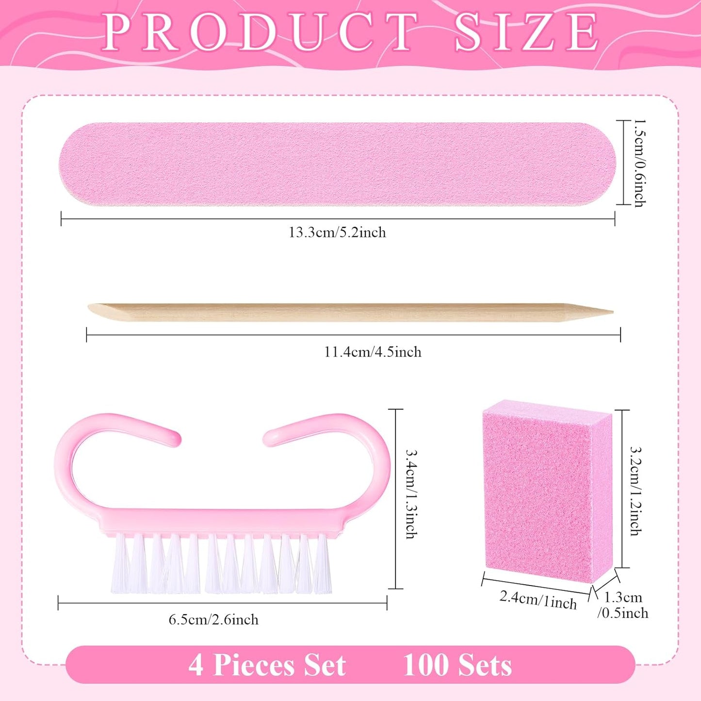 Professional Disposable Manicure Kit - 100 Sets of 4-Piece Nail Essentials | Pink Wood File & Buffer