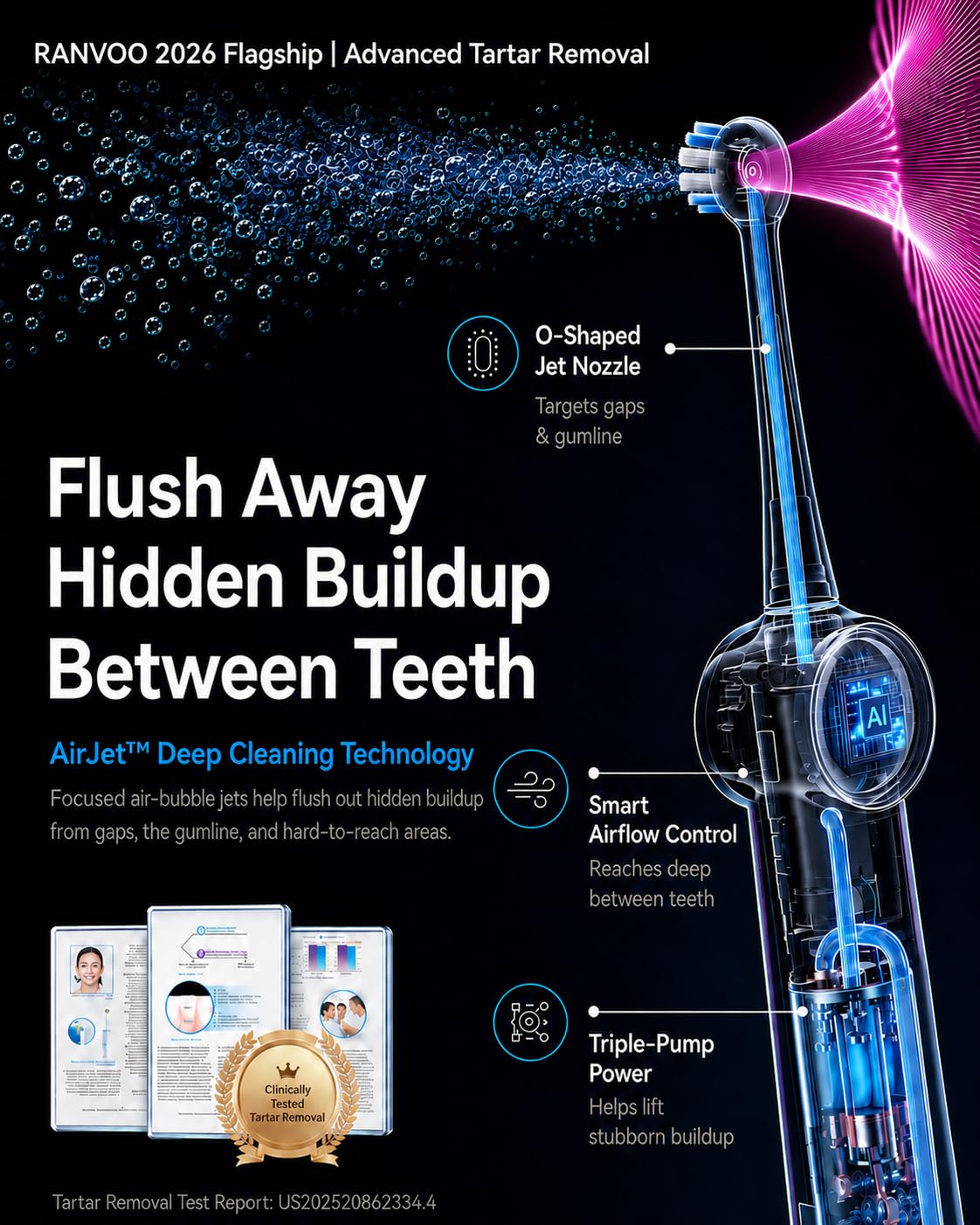 RANVOO AirJet X5 [Dentist Recommended | Max Tartar Removal] Electric Toothbrush, 100% Plaque Removal, Whitening & Gum Care, 60-Day Battery Life, Rechargeable with 3 Pro Brush Heads, Space Gray