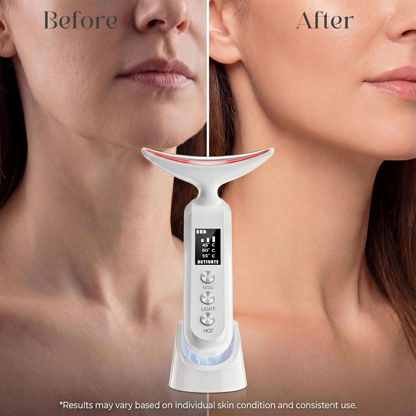 LED Face Massager - 9-Color Facial Device for Neck Wrinkles | Vibration Tool for Skin Care, White