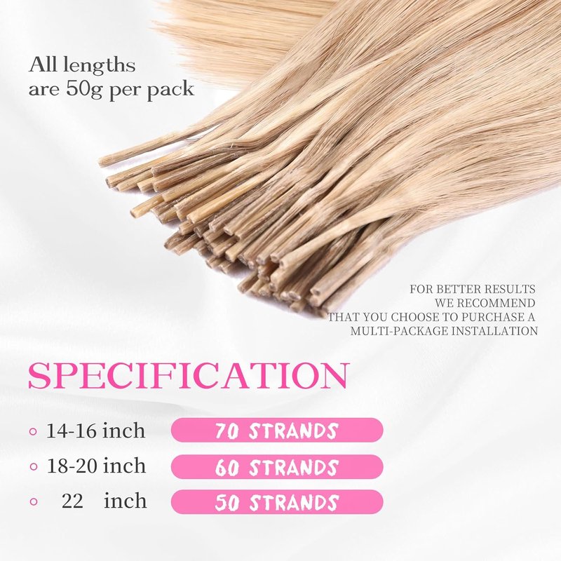 I Tip Hair Extensions - 50g Human Hair, Blonde & Dark Blonde Mix | 14-Inch Soft & Natural Cold Fusion