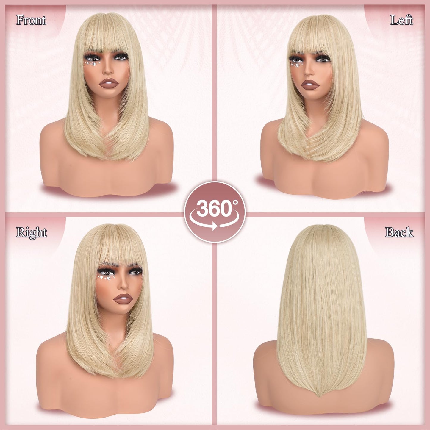 Haloo Blonde Bob Wigs with Bangs Shoulder Length Straight Natural Looking Synthetic Heat Resistant Medium Hair Wigs for Women Daily Party, 16 Inch Platinum Blonde